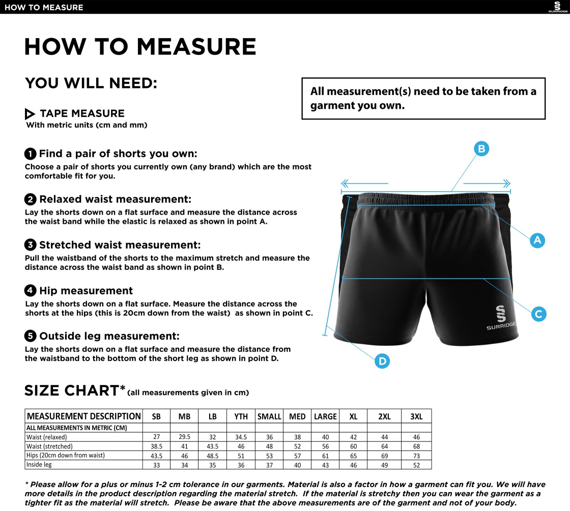 GLASTONBURY CC Performance Gym Short : Navy - Size Guide