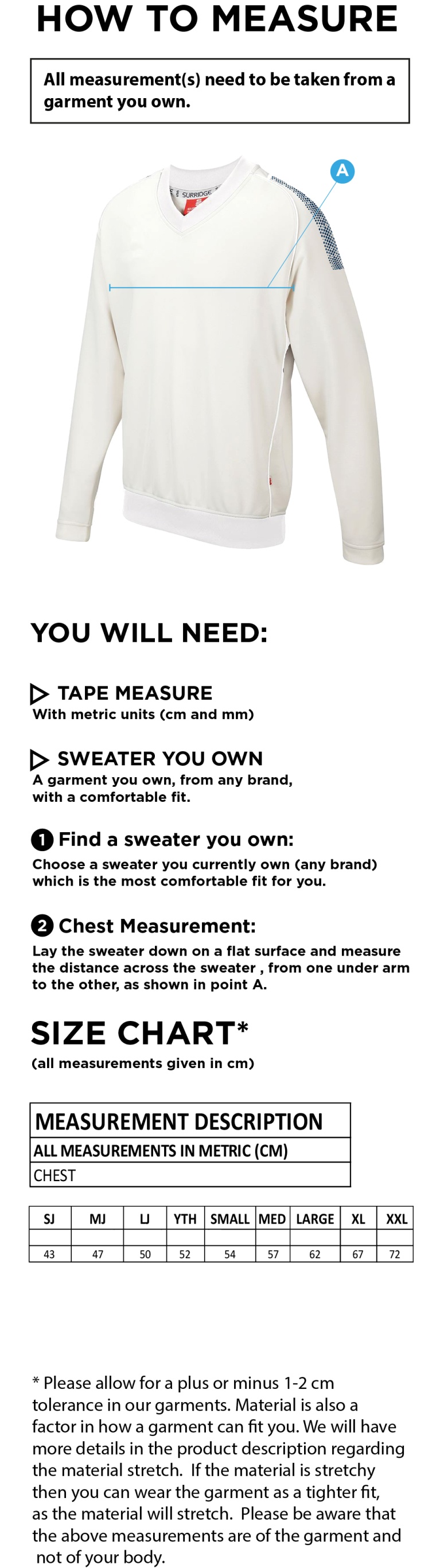 GLASTONBURY CC Dual Long Sleeve Sweater - Size Guide