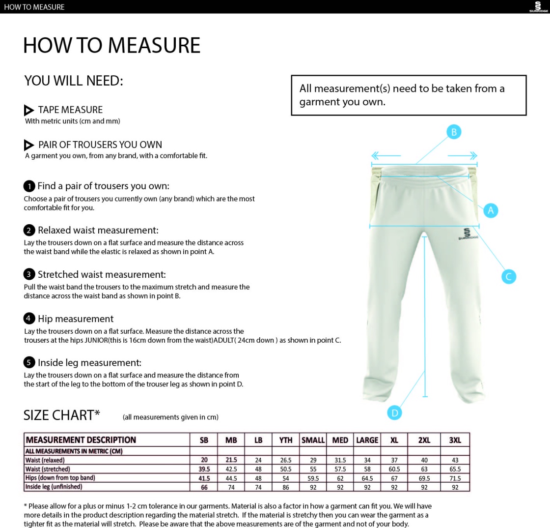 GLASTONBURY CC Standard Playing Pant - Size Guide