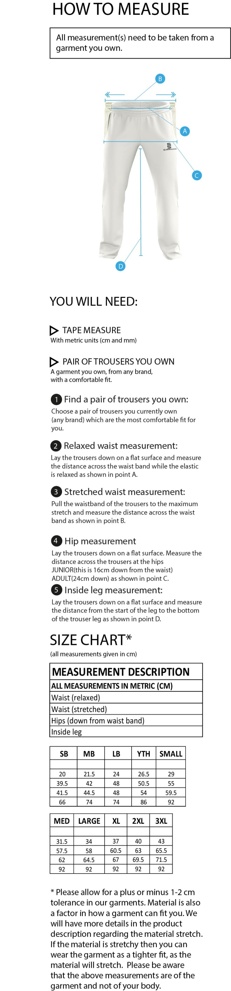 GLASTONBURY CC Standard Playing Pant - Size Guide