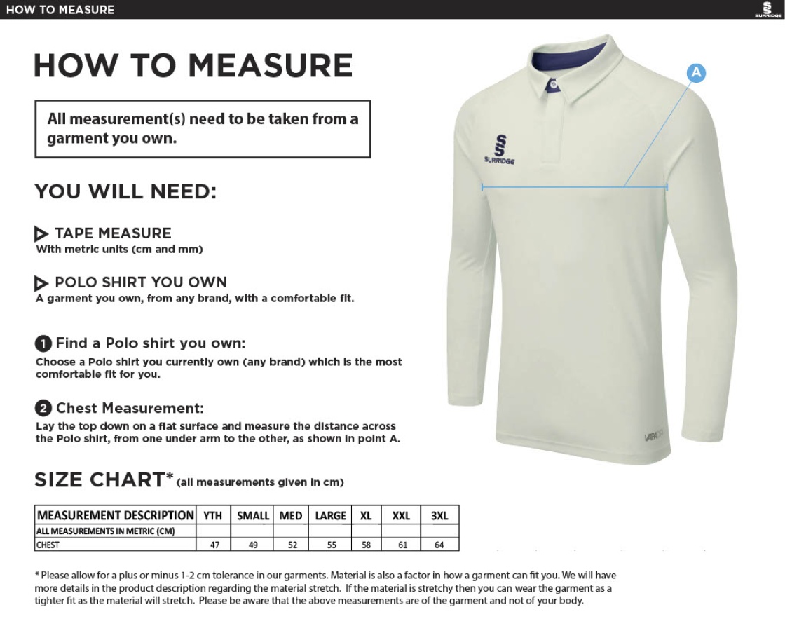 GLASTONBURY CC Dual Cricket Shirt Long Sleeve - Size Guide