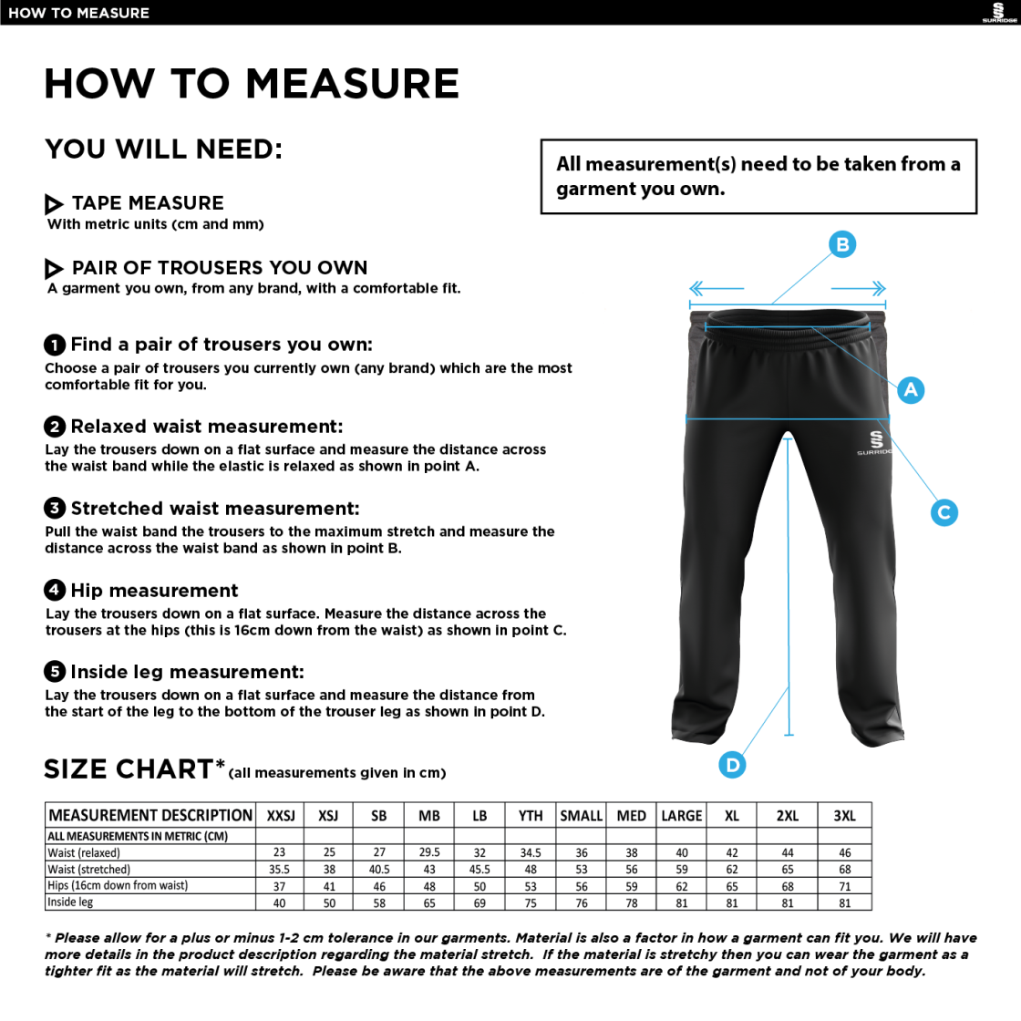 GLASTONBURY CC Poplin Track Pant : Navy - Size Guide
